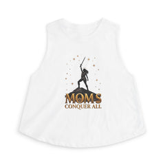 White sleeveless top with graphic design and text on a white background