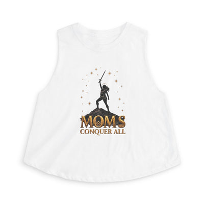 White sleeveless top with graphic design and text on a white background