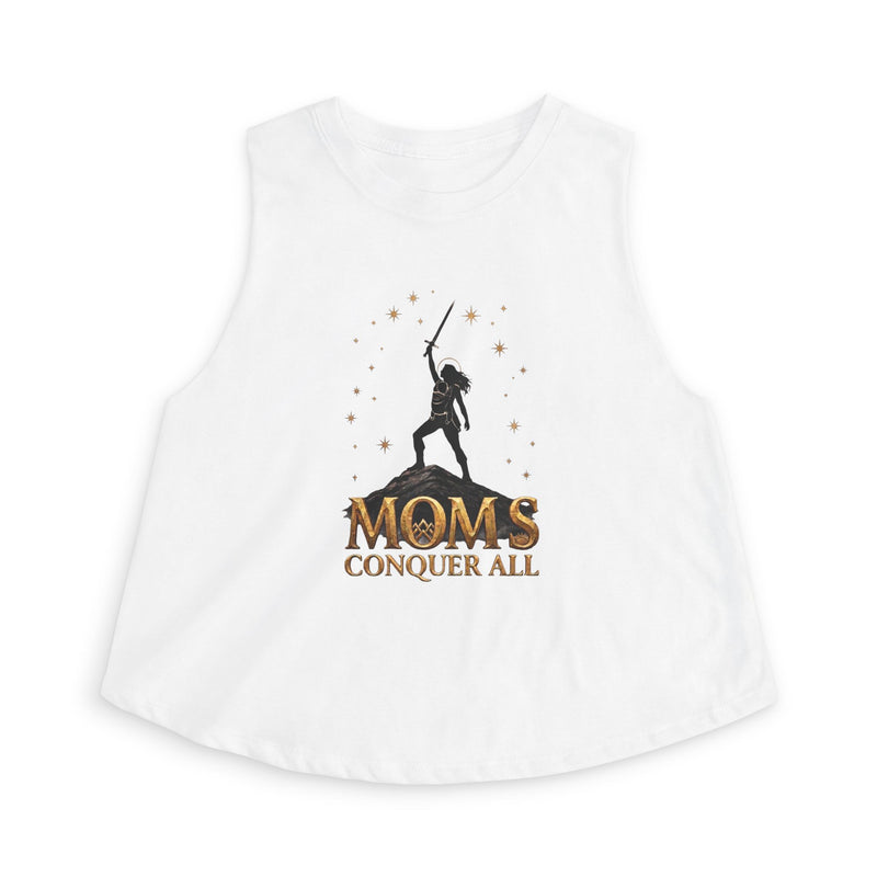 White sleeveless top with graphic design and text on a white background